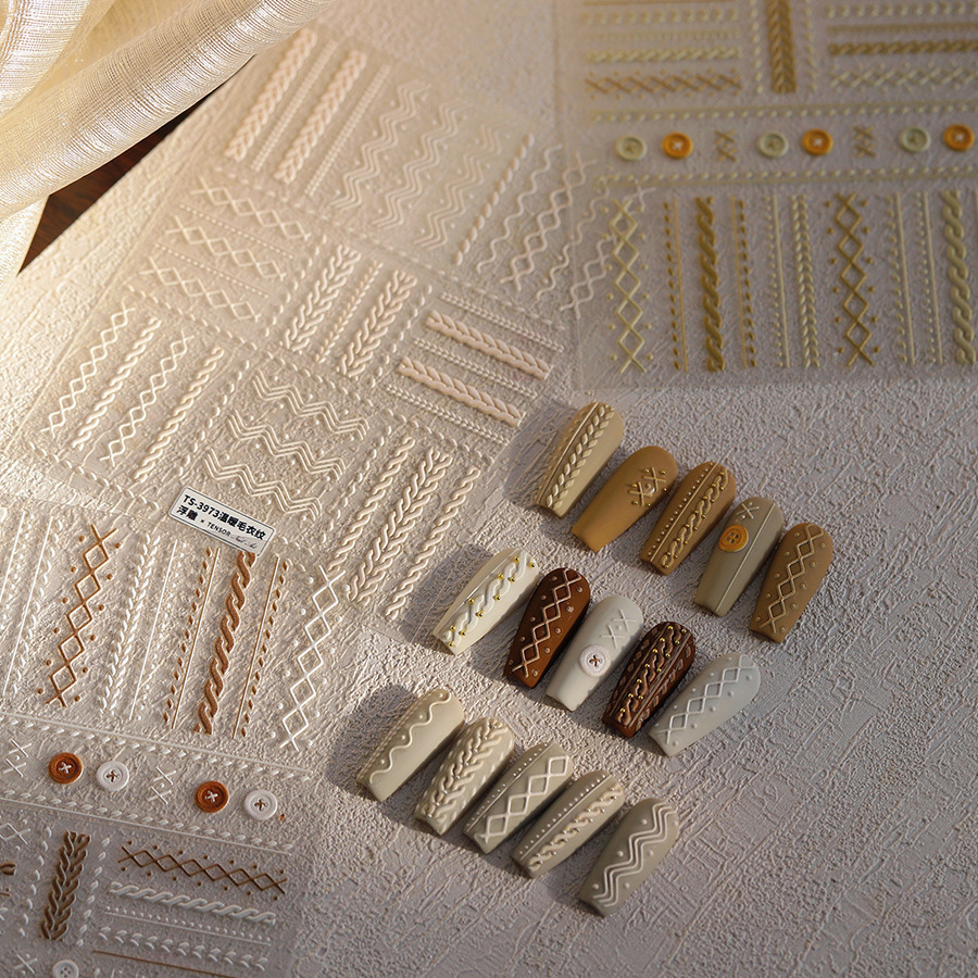 TEMU 3 Sheets 5d Embossed Knit Sweater Nail Art Stickers, Cable Braided Texture Button Self Adhesive Nail Decals, Neutral Warm Tone Sweater Pattern