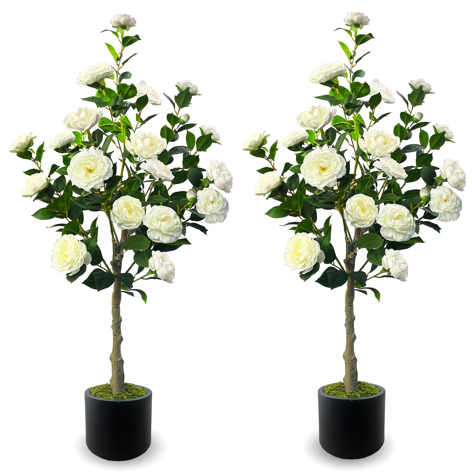 Image of 48'' Artificial Camellia Tree With White Flower In Pots -2 Pack 3ft Faux Camellia Tree, Fake Plants For Indoor & Outdoor Yard Room Wedding Decor (white-2pcs)