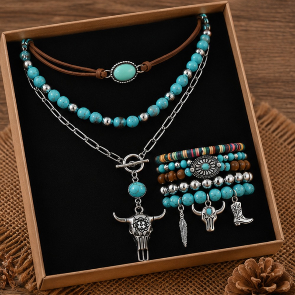 TEMU Parure de bijoux ethnique de 8 pièces avec perles turquoise, pendentifs tête de , plume et botte, accessoires vintage empilables, boîte cadeau