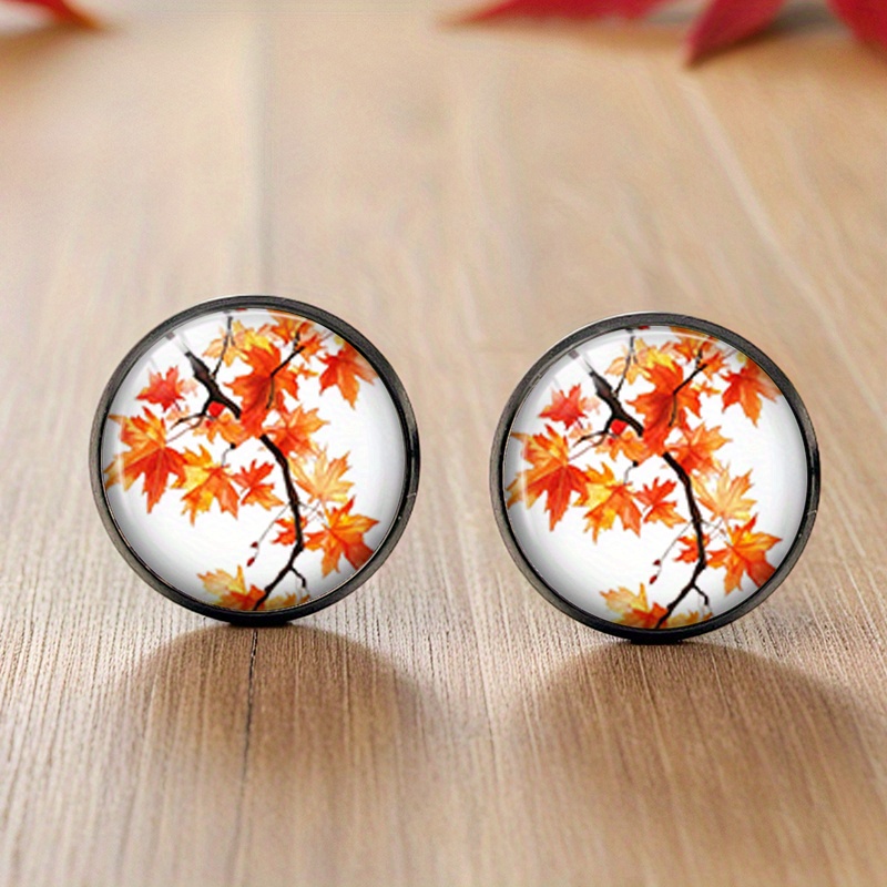 TEMU A Pair Of Round Glass Black Earrings Featuring Autumn Dry Branches And Leaves, Handmade Jewelry Gift, Without Battery