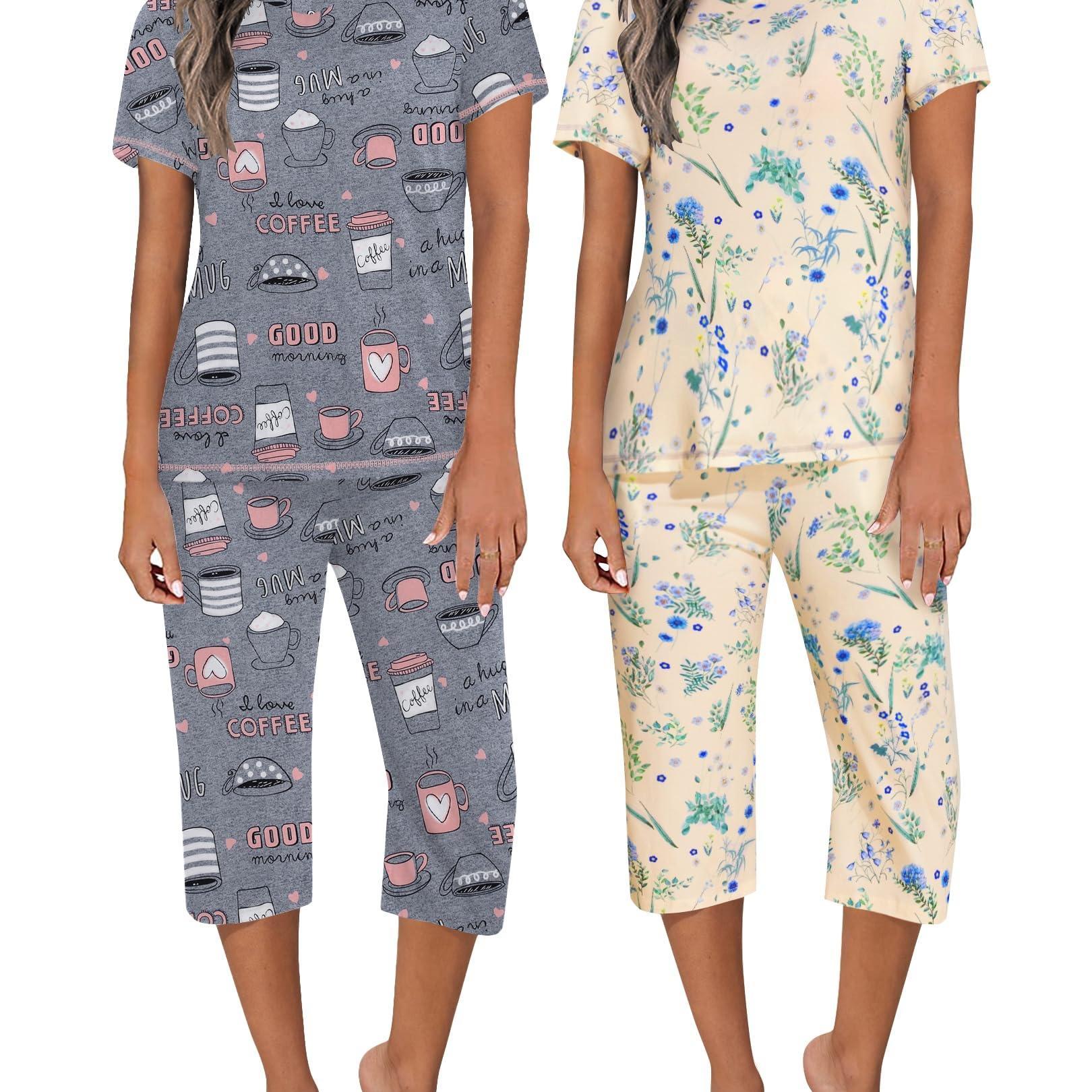 

2 Pack Women's Sleepwear Capri Pajama Sets Short Sleeve Two-piece Pjs V Neck Tops & Capri Pants With Pockets