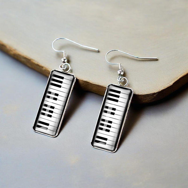 Image of Black And White Piano Key Pattern Rectangular Glass Stainless Steel Hook Earrings Fashion Accessories Gift