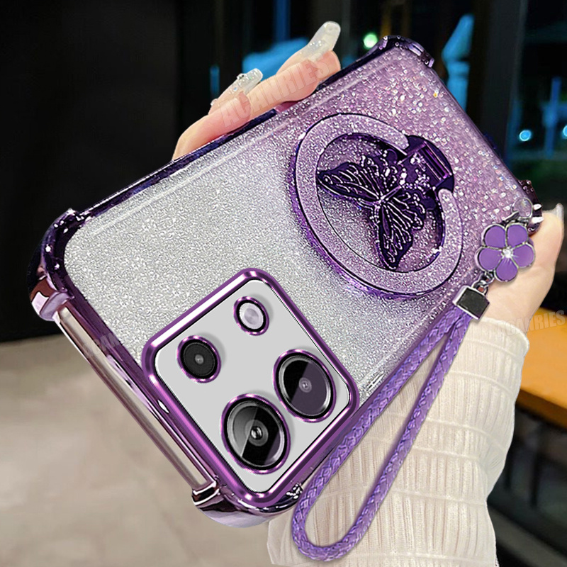 TEMU Phone Case - 1pc Luxury Glitter Stand Holder With 1pc Candy Woven Wrist Strap Lanyard And 1pc Plating Gradient Shockproof Protective Phone Case