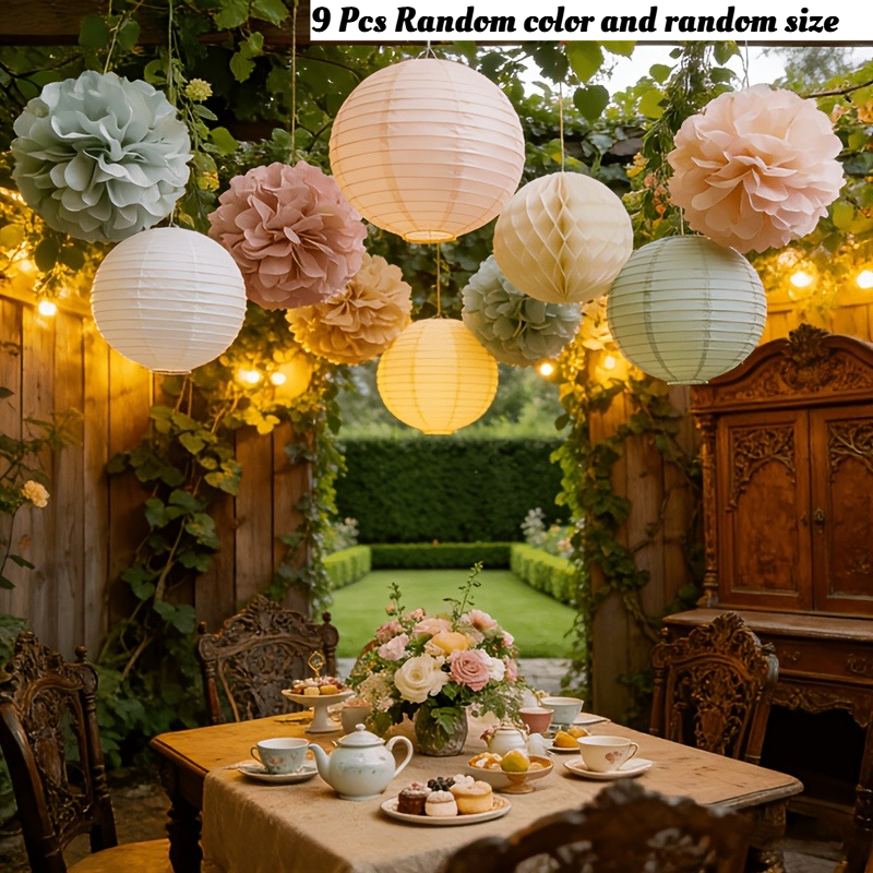 TEMU Ensemble de 9 pièces de lanternes en papier et de décorations de pompons en papier de différentes couleurs et tailles — pompons élégants en