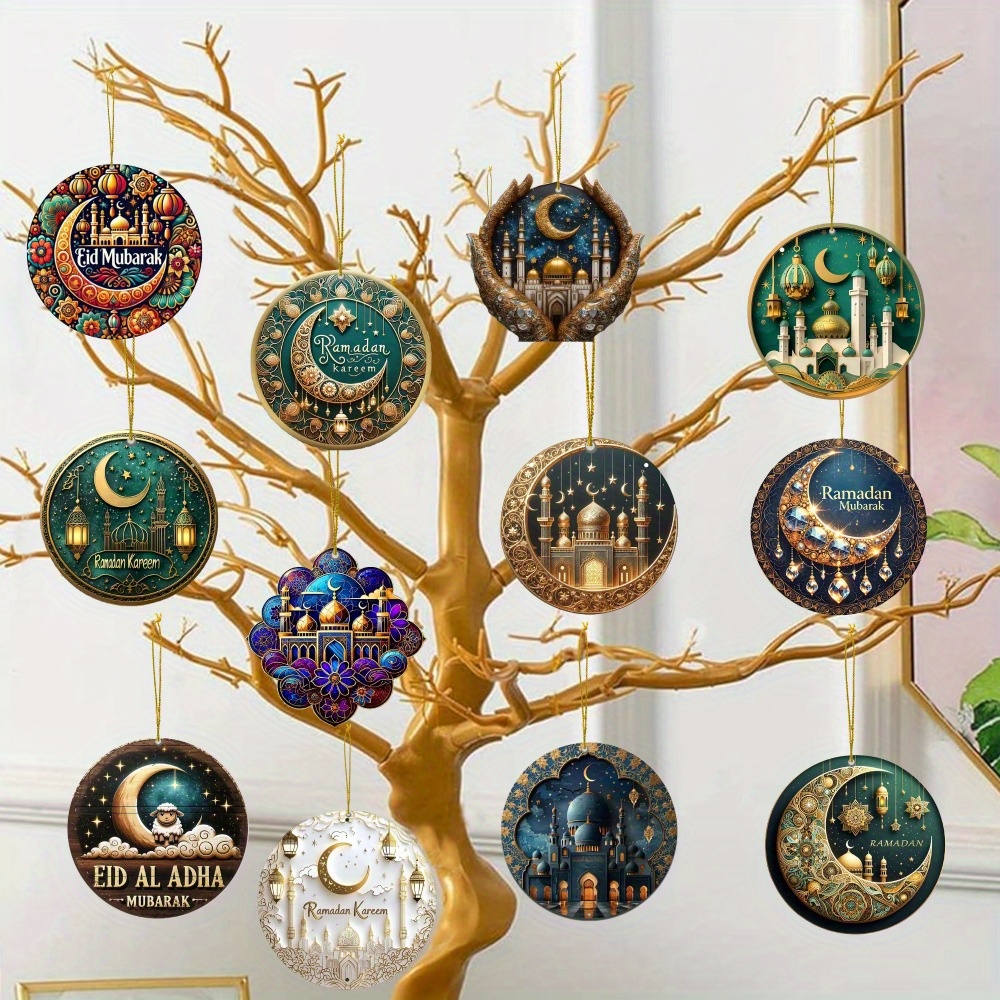 

12pcs Vintage Holiday Hanging Ornaments Set, Manufactured Wood Decorations For Eid Al-fitr, Ramadan, New Year, Valentine's Day, , Mardi Gras - No Electricity Needed, Featherless