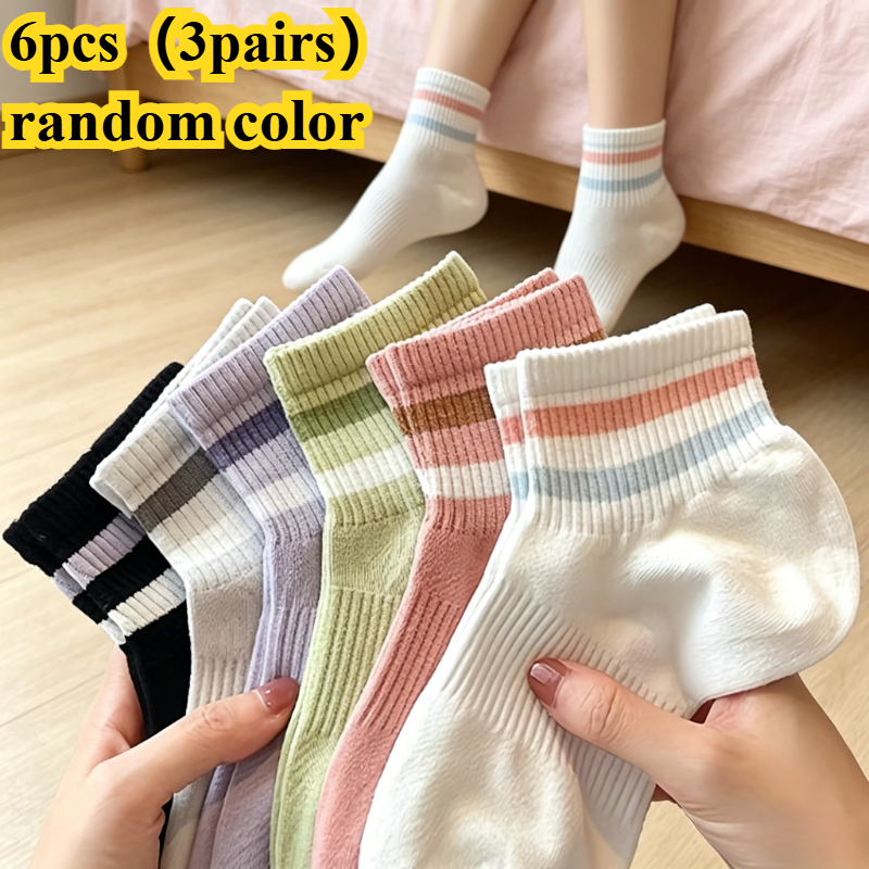 TEMU 6pcs (3 Pairs) Random Colors New Colorful Striped Athletic Socks, -friendly Breathable, Athletic Casual Individual Mid-calf Socks, Wear, Daily