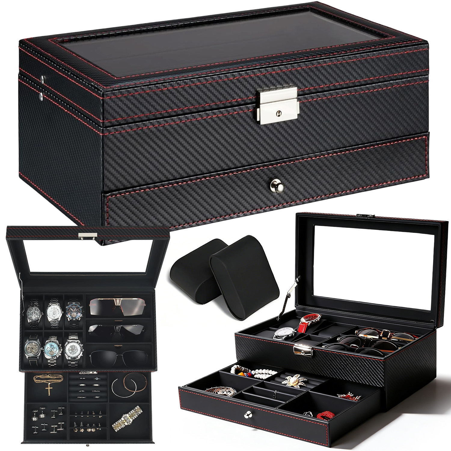 Elegant Watch & Case - Secure Storage Box With 6 Watch Pillows 3 Eyewear Slots & Lockable Jewelry Compartment