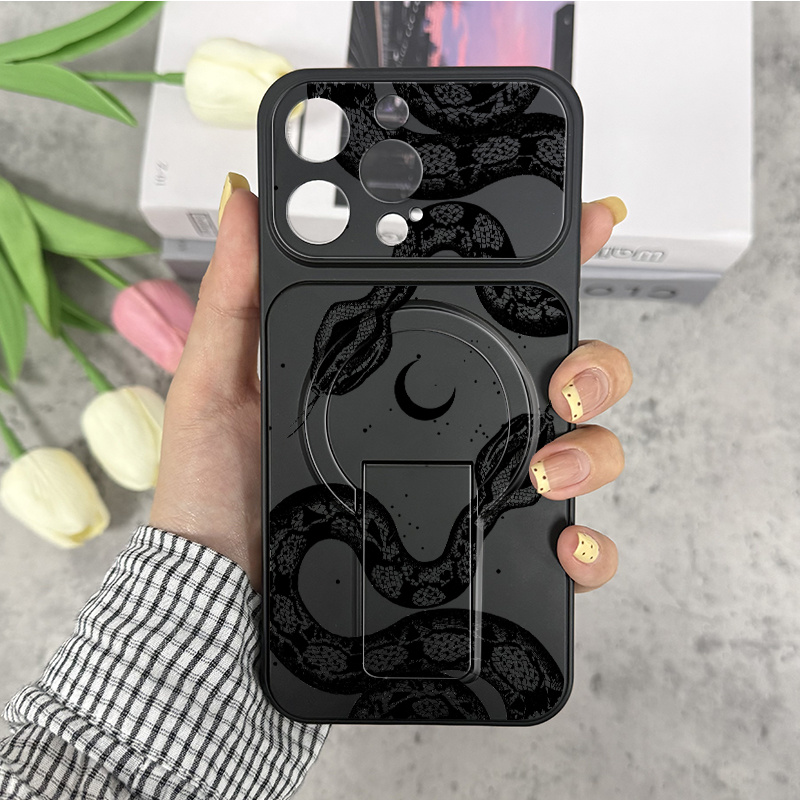 TEMU Phone Case: 1-pack 2026 New Minimal Snake & Moon Art Pattern Print Magnetic Invisible Foldable Stand Case For Iphone, Large Window Design Turns
