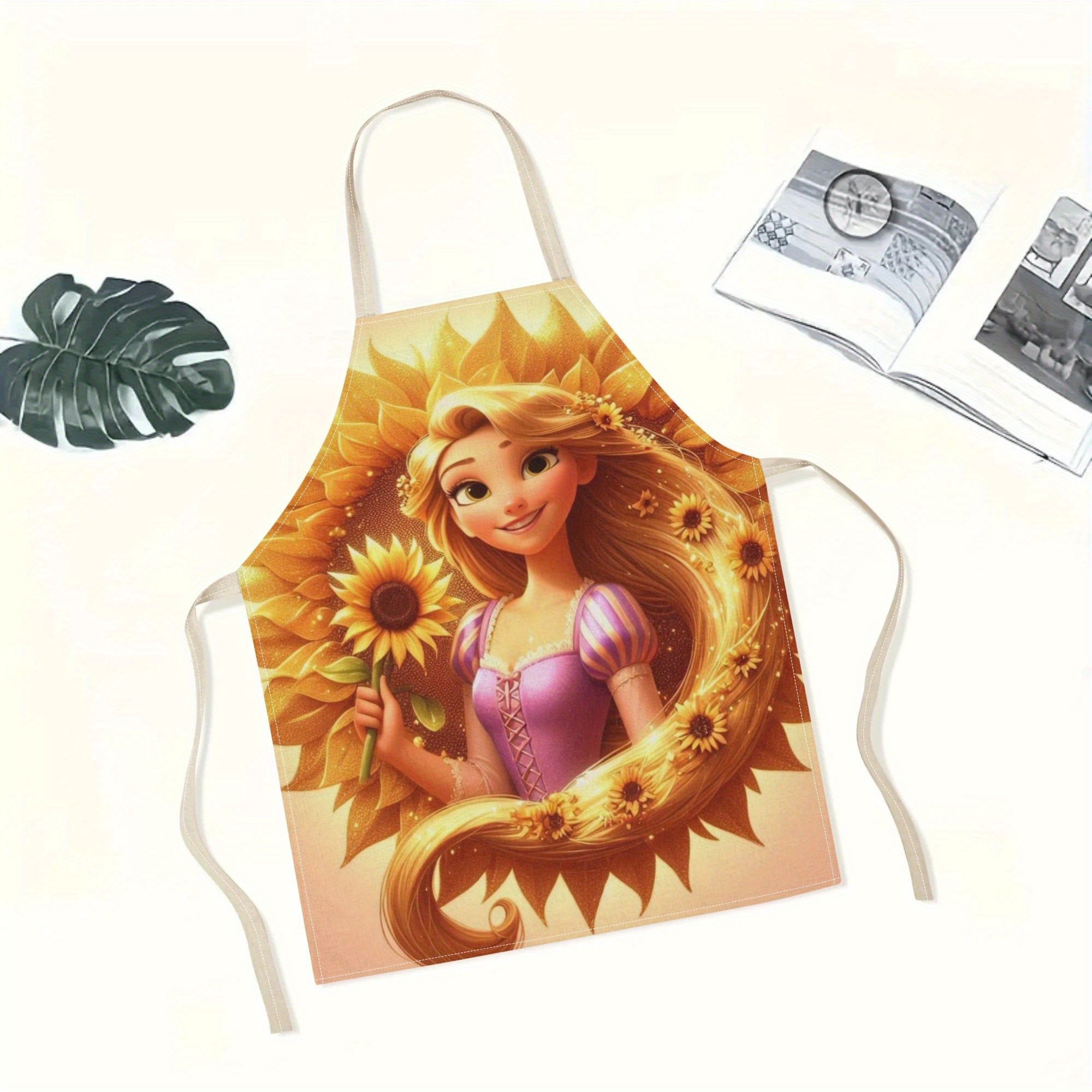 disney   waterproof apron - vibrant cartoon princess design with sunflowers, ideal for home, restaurants, cafes & supermarkets -   polyester,  , versatile apron|vibrant design|glossy finish details 0