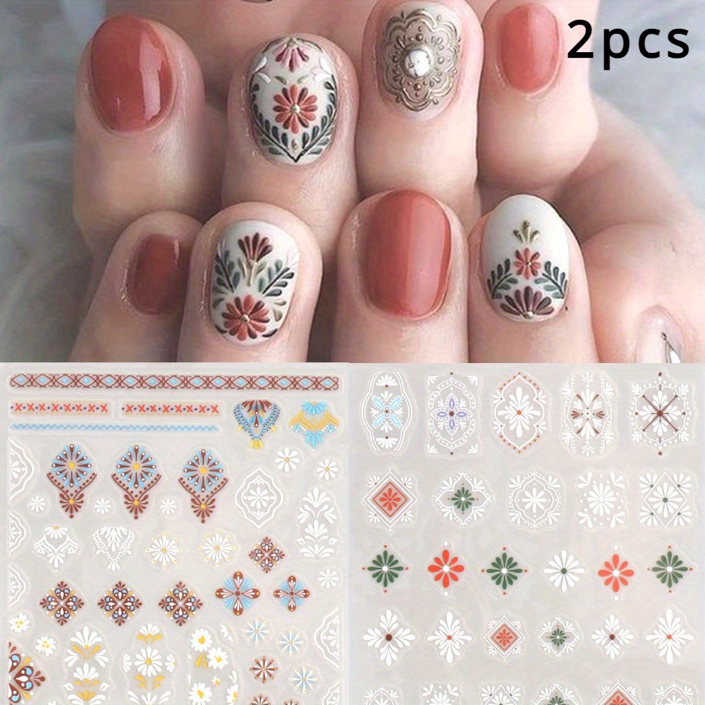Image of 2pcs Bohemian Nail Stickers - White Colorful Elegant Mandala Floral Print Self-adhesive Decals For Nails, Diy Nail Art Decoration With Glossy Finish, Perfect For , Nail Accessories