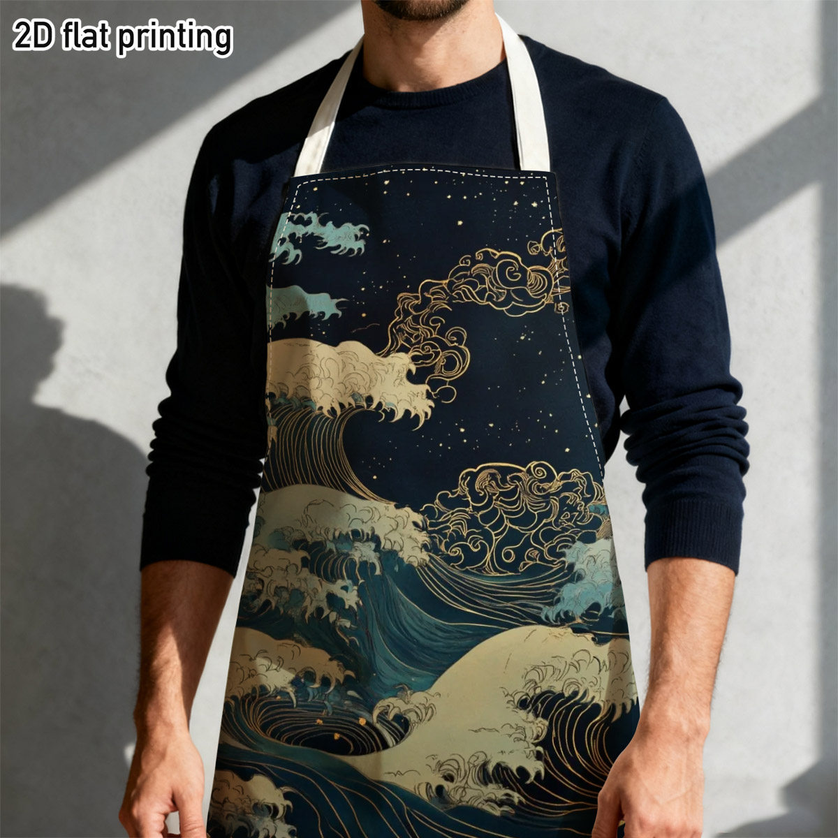 TEMU 1pc 2d Flat Japanese Wave Chef Apron | Under Starry Sky, Perfect For Home Baking, Kitchen Cooking, Themed Dinner Parties, For Home Bakers,
