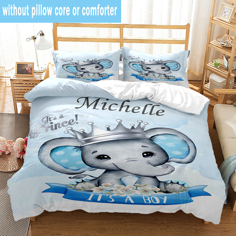 3pcs Elephant Baby Quilt Set, Customizable Name/Text Soft Polyester  Skin Quilt Cover And Pillowcases, Perfect
