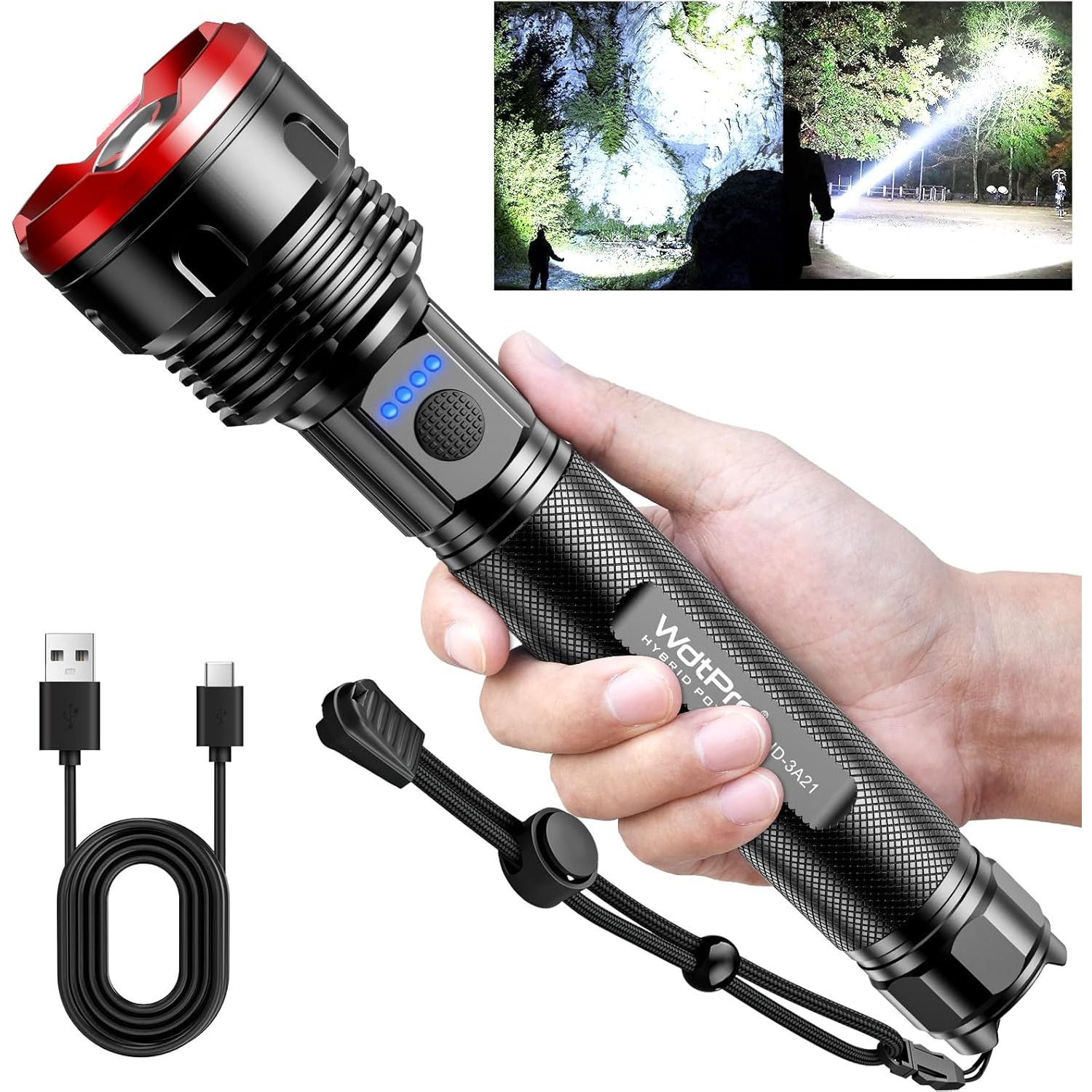 

1pc 2000 Rechargeable Flashlight With Dual Battery Types - Usb & Type-c, 5 , Long-distance Led Light, Non-waterproof, & Emergencies, Great Gift For Men