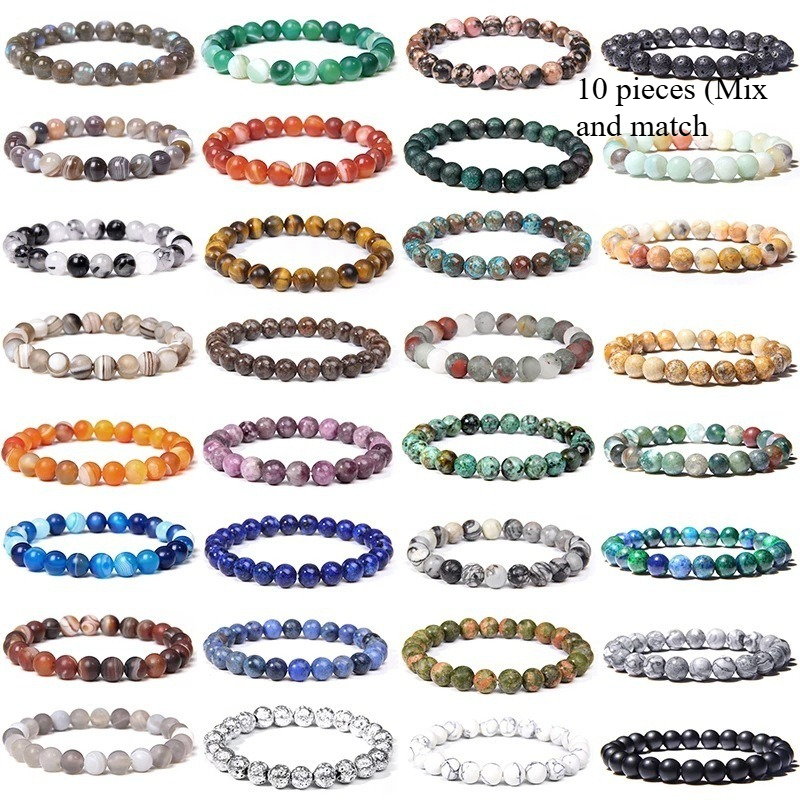 TEMU 10pcs 8mm Natural Beads Bracelet Kit - Handmade Bohemian Multicolor Bead Mix (agate, Jasper, Quartz, 's Eye) - Unisex Set For , Durable Casual