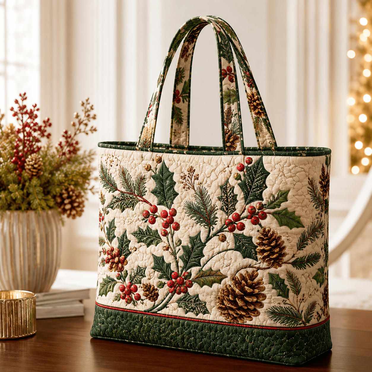 TEMU Grand sac fourre-tout matelassé pour femme 17x15 pouces, adapté pour , , et de sport - Sac à main souple avec imprimé de houx, et pommes de pin
