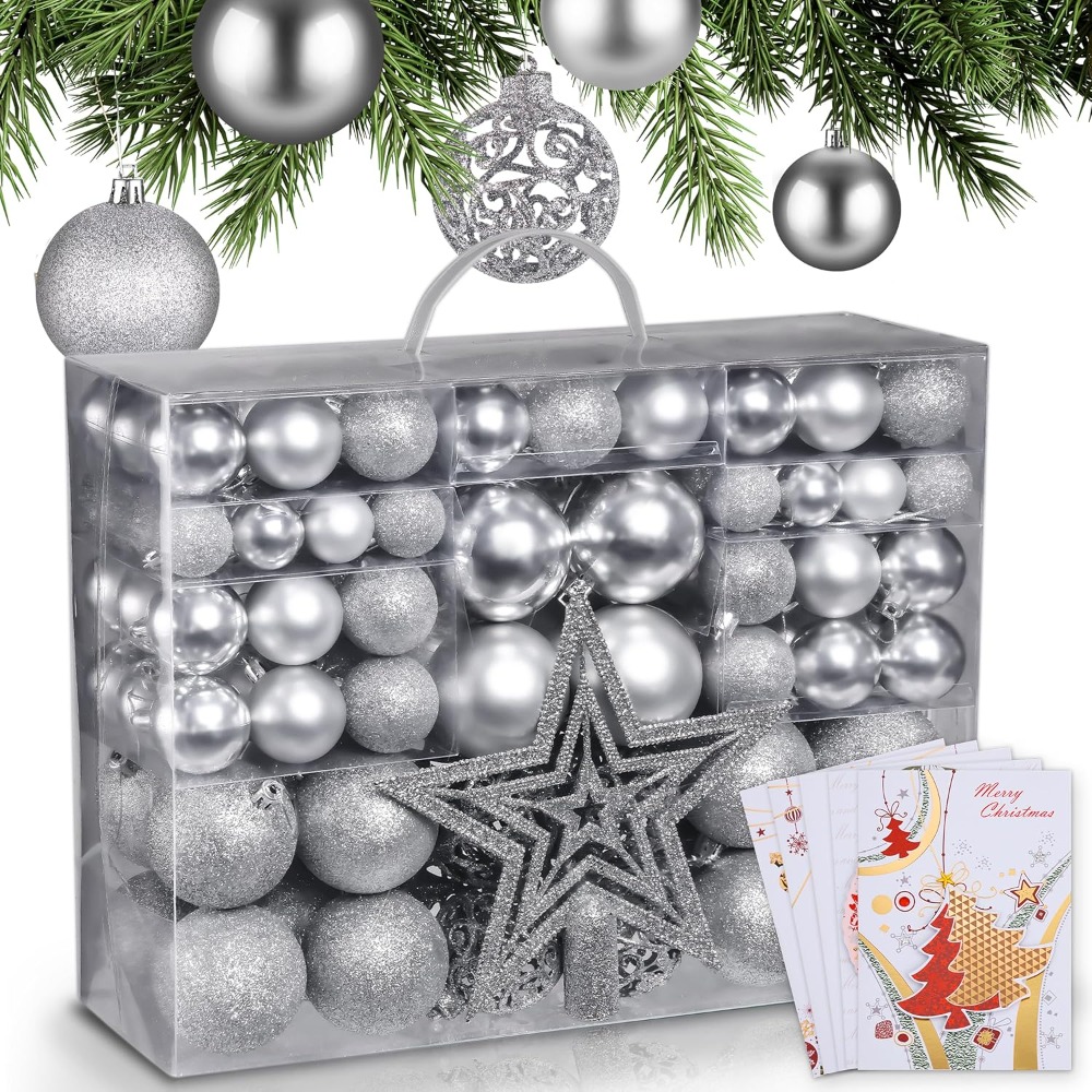 Image of 128pcs Set Christmas Decoration, With 1 Tree Head Decoration + 127 Colorful Balls, Indoor And Outdoor, With 5 Christmas Cards