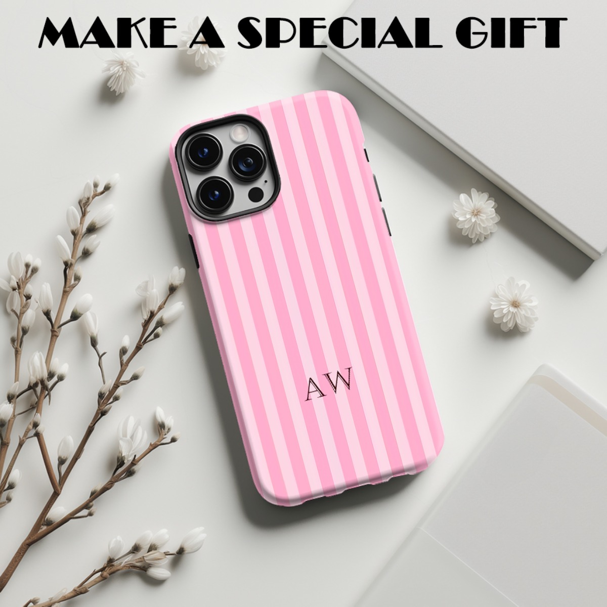 TEMU Phone Case - Diy Personalization Customized Phone Case, Features Pink Stripes, Glossy Or Matte End, -one Dual Layered , Gifts, For Iphone 17 16