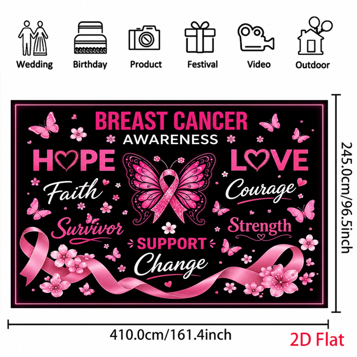 품목 사진 2d 플랫, 2d 플랫 - 2d flat 배너,   love faith   survivor strength support change 핑크 리본 나비 플로럴 디자인 배너 사진 부스 배경 파티 장식 배너 이벤트 기념 행사 소품 (인쇄된 문구 포함)