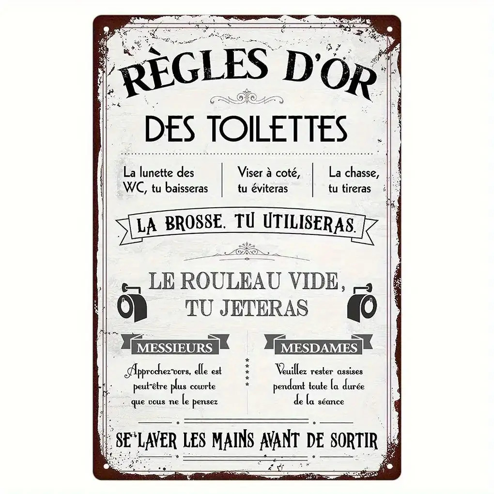 TEMU Plaque Métallique Vintage des Règles de Toilette Française 2D Plate - Décoration Murale Humoristiques pour Salle de Bain avec 10 Commandements,