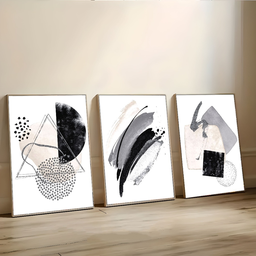 A 3pcs Set of Abstract Geometric Canvas Wall Art, Classic Modern Style Art Decor, with Pine Wood Wrapped Frames, Ink-printed, for Indoor/outdoor Decoration. Suitable for Home Office, Living Room, Bedroom, Kitchen - Spring/winter, Perfect Room Decor