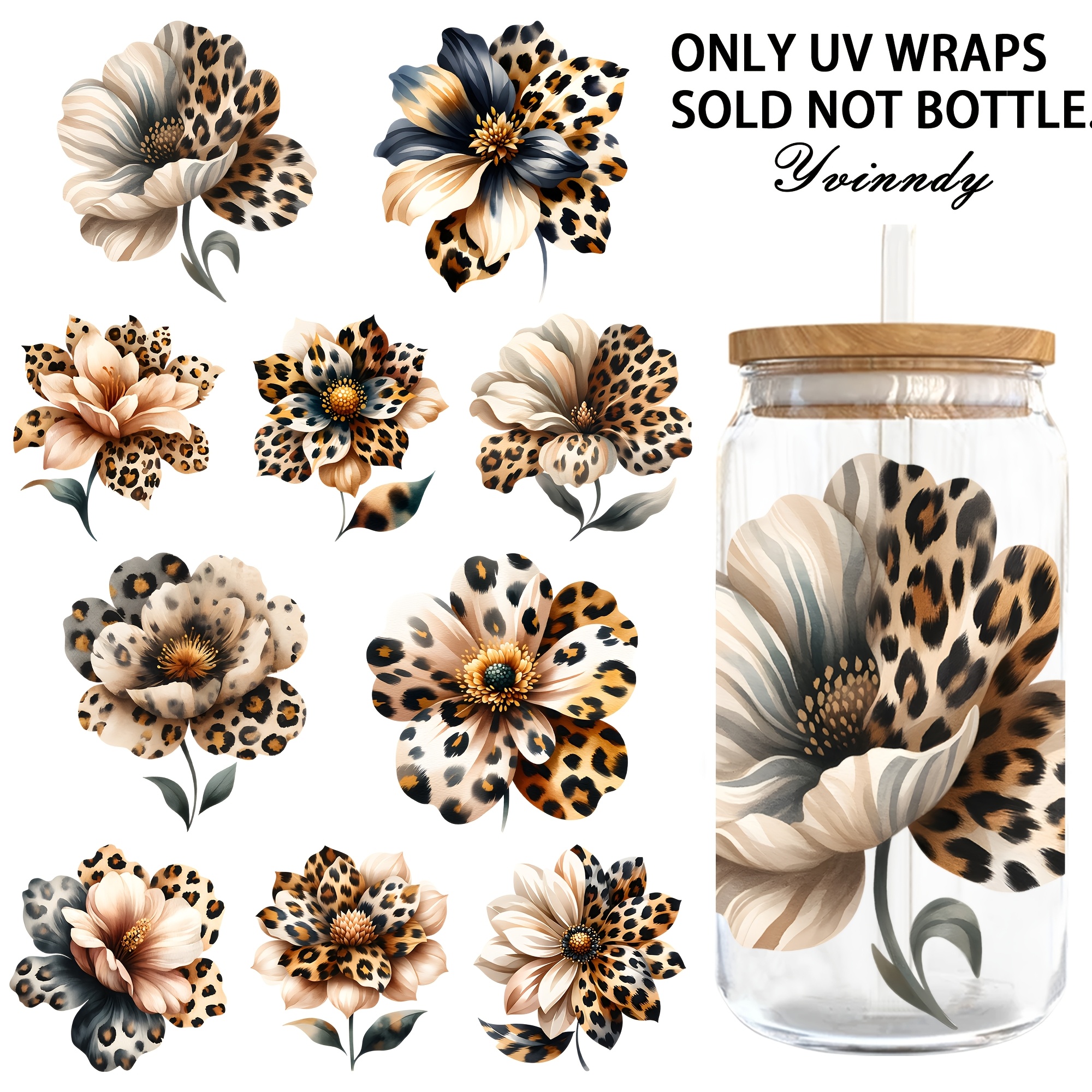 TEMU 4er-Set Leopardenmuster-Hibiskusblüte DIY Hellbeige Trinkbecher-Folie, dekoratives Transferpapier, UV-DTF, hoch selbstklebende Folien-Transfers,