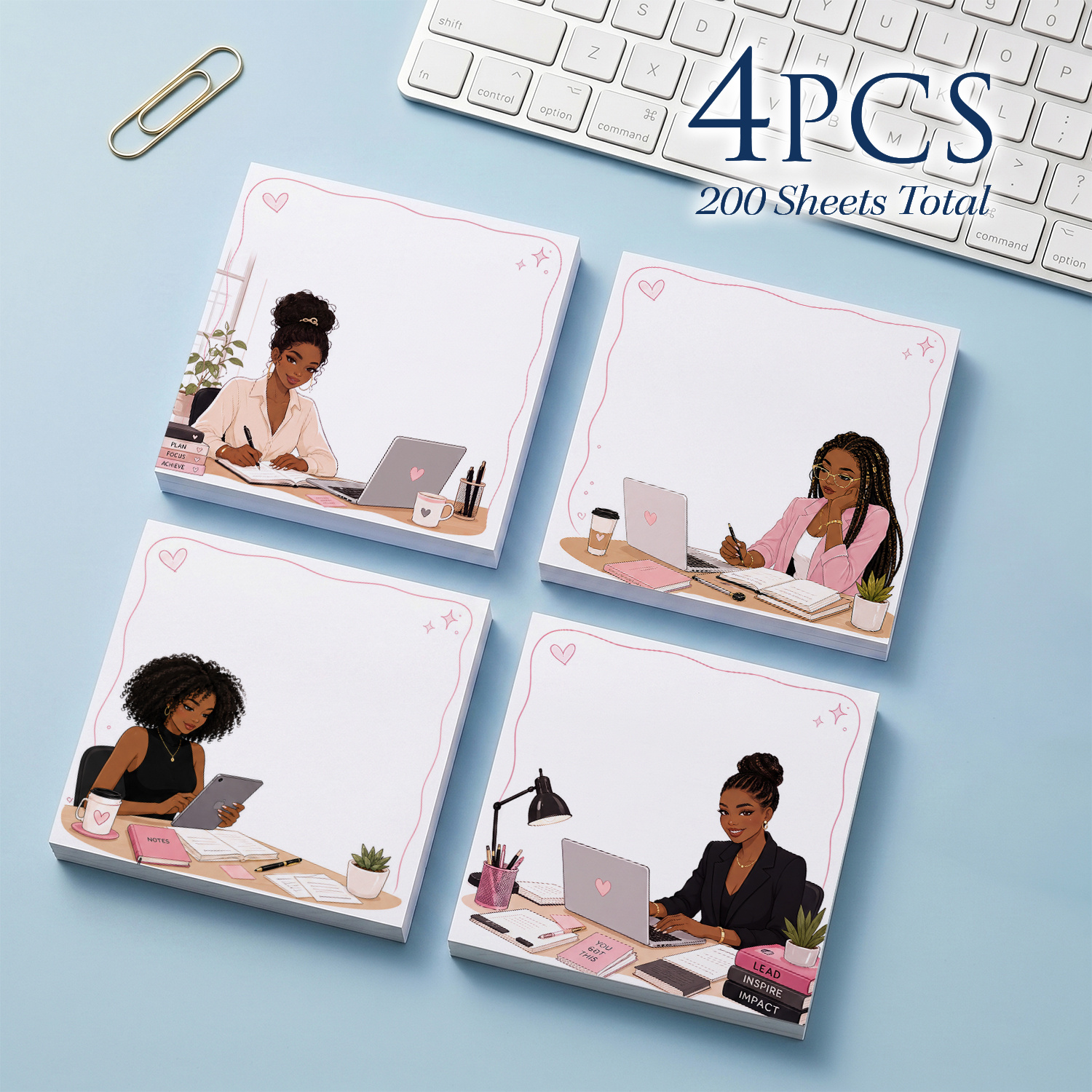 TEMU 4pcs Professional Woman Illustration Design Sticky Notes, 200 Sheets Total, 3x3 Inch Artwork Memo Pads, Aesthetic Desktop Scene Lined Notes,
