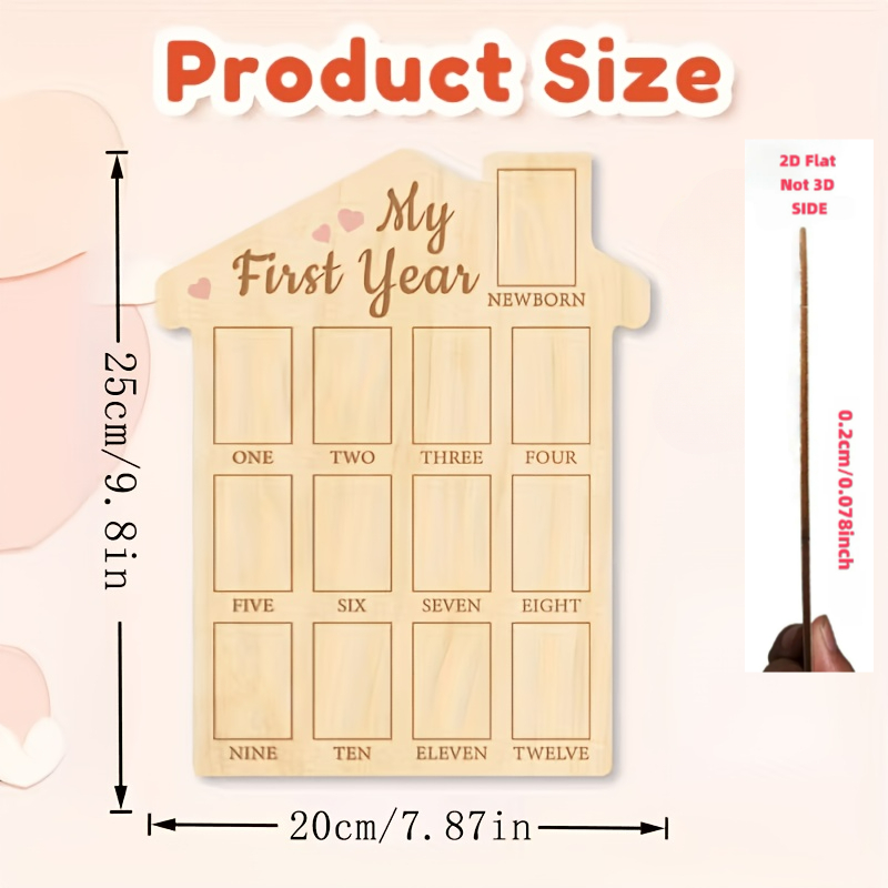 TEMU 2d Flat, 2d Flat First Year Baby Growth Photo Display Wooden Board, 12-month Newborn Milestone Photo Frame, Unisex Child Keepsake Photo Frame,