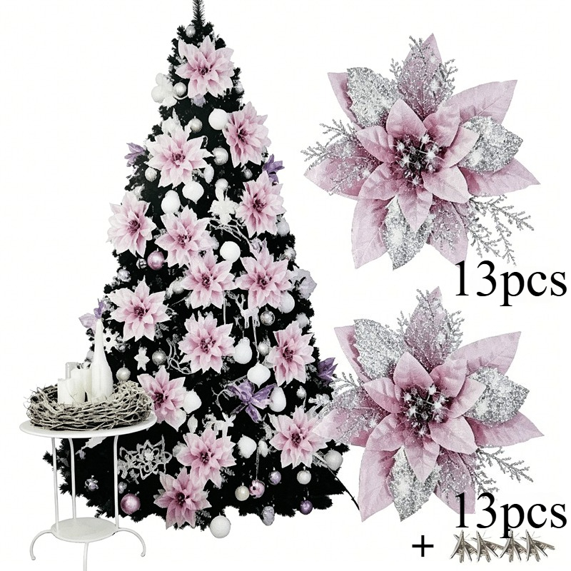 TEMU 26pcs Set Shiny Artificial Poinsettia Flowers With Snap- / For Christmas Tree Decorations, Wreaths - Realistic Botanical Diy Holiday Decor
