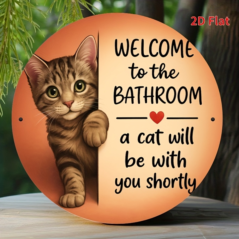 TEMU 2d Flat, 1pc Funny Cat Welcome To The Bathroom Sign - Retro Metal Wall Decor With Humorous "welcome To The Bathroom" Plaque, Durable