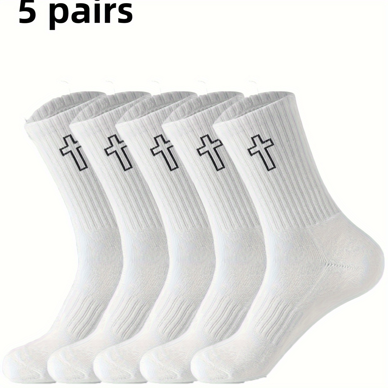 5 Pairs Of Unisex Black And White Mid-calf Socks With Cross Pattern, Versatile Comfortable Non-slip Sweat-absorbent