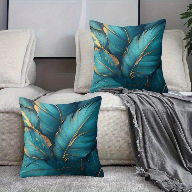 TEMU Lot de 2 taies d'oreiller 2D à imprimé plumes bleues et dorées, disponibles en plusieurs tailles, en velours avec impression sur une seule face