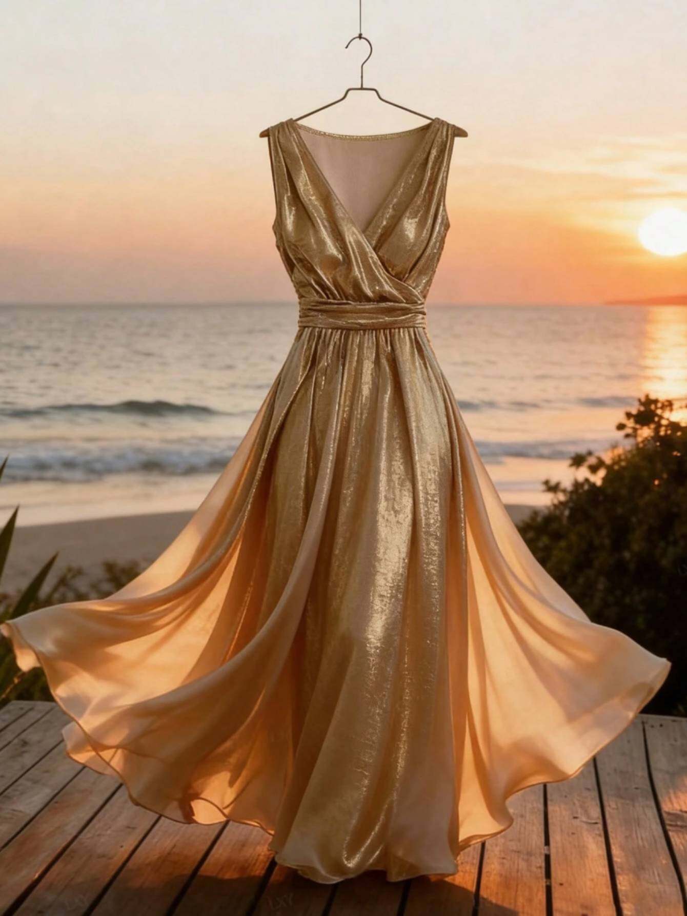 slim fit dress slacks Gold Round Neck Ruffle Pleated Maxi Dress – Modsele main image 0