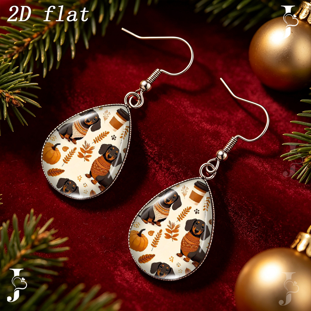 Teardrop Dangle Earrings with Autumn Dachshund Pumpkin Pattern