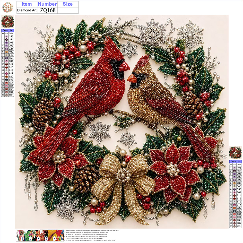 TEMU Kit de Peinture DIY à 11,8 x 11,8 Pouces - Motif Couple de Cardinaux dans une Couronne de Noël, Inclut Perles Rondes, Pierres Scintillantes,