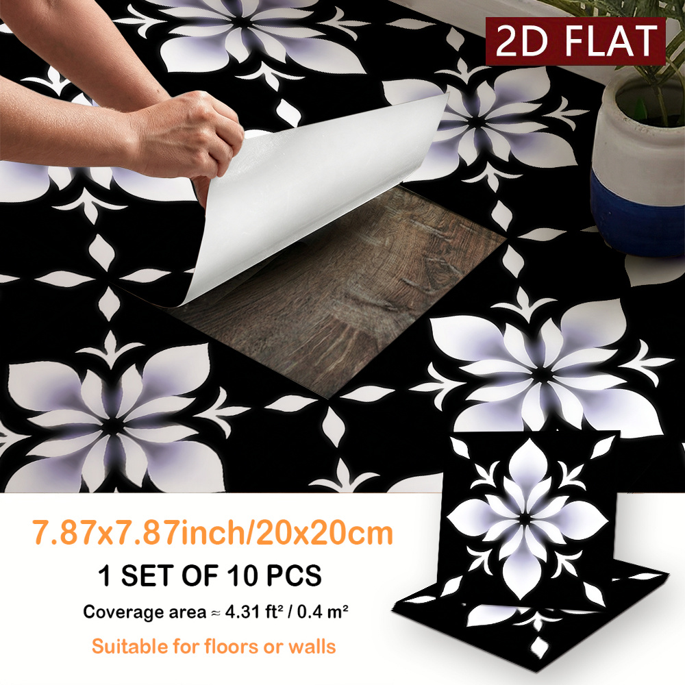 TEMU Autocollant de sol 2D/plat 10 pièces motif floral en PVC, autocollant de sol amovible pour chambre, salon, cuisine, couloir de style japonais,