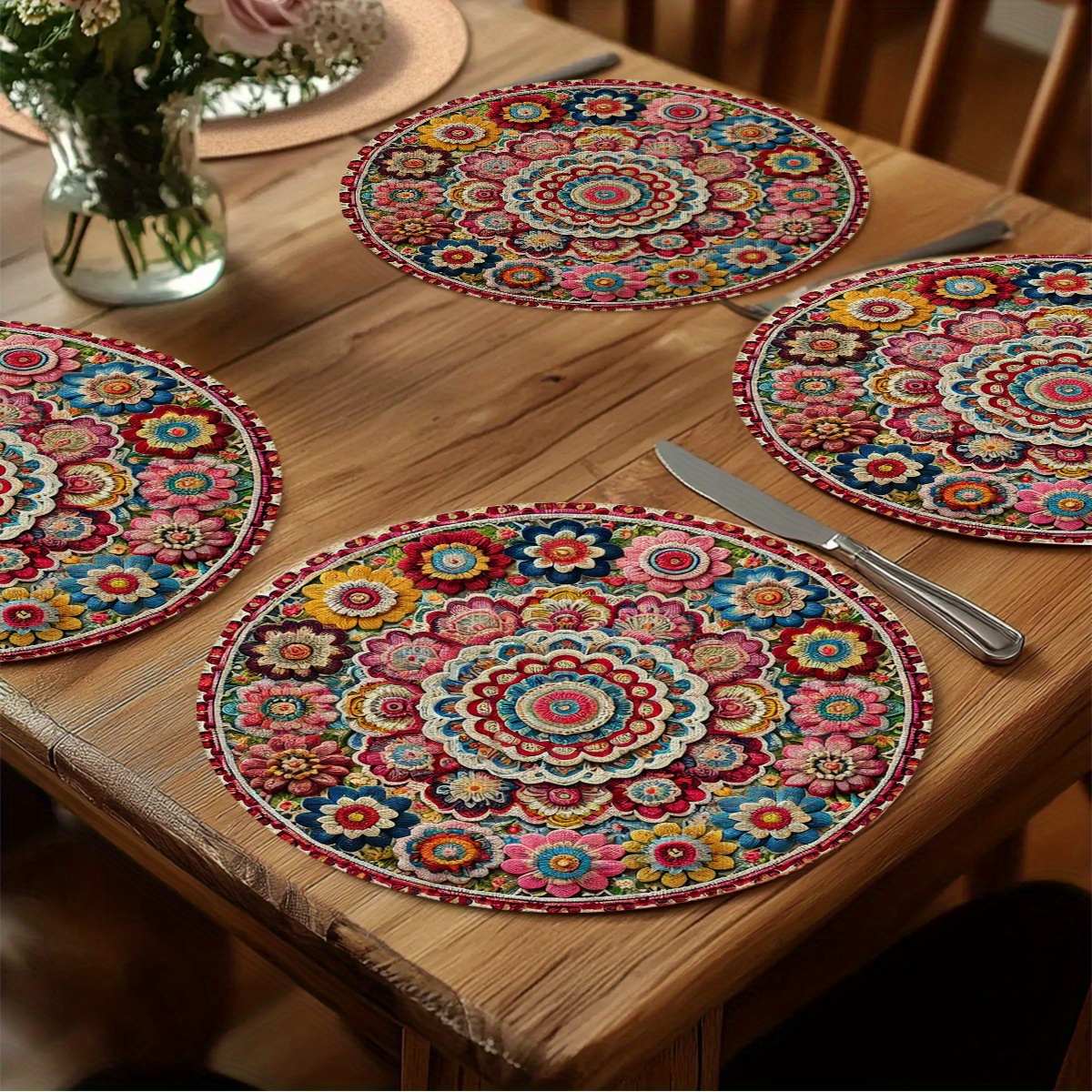 4 Round Placemats With Intricate Crochet - 15.0 Inch Polyester, Machine Washable For Dining Room Decor In Red/blue Floral Patterns, Setting & Durability