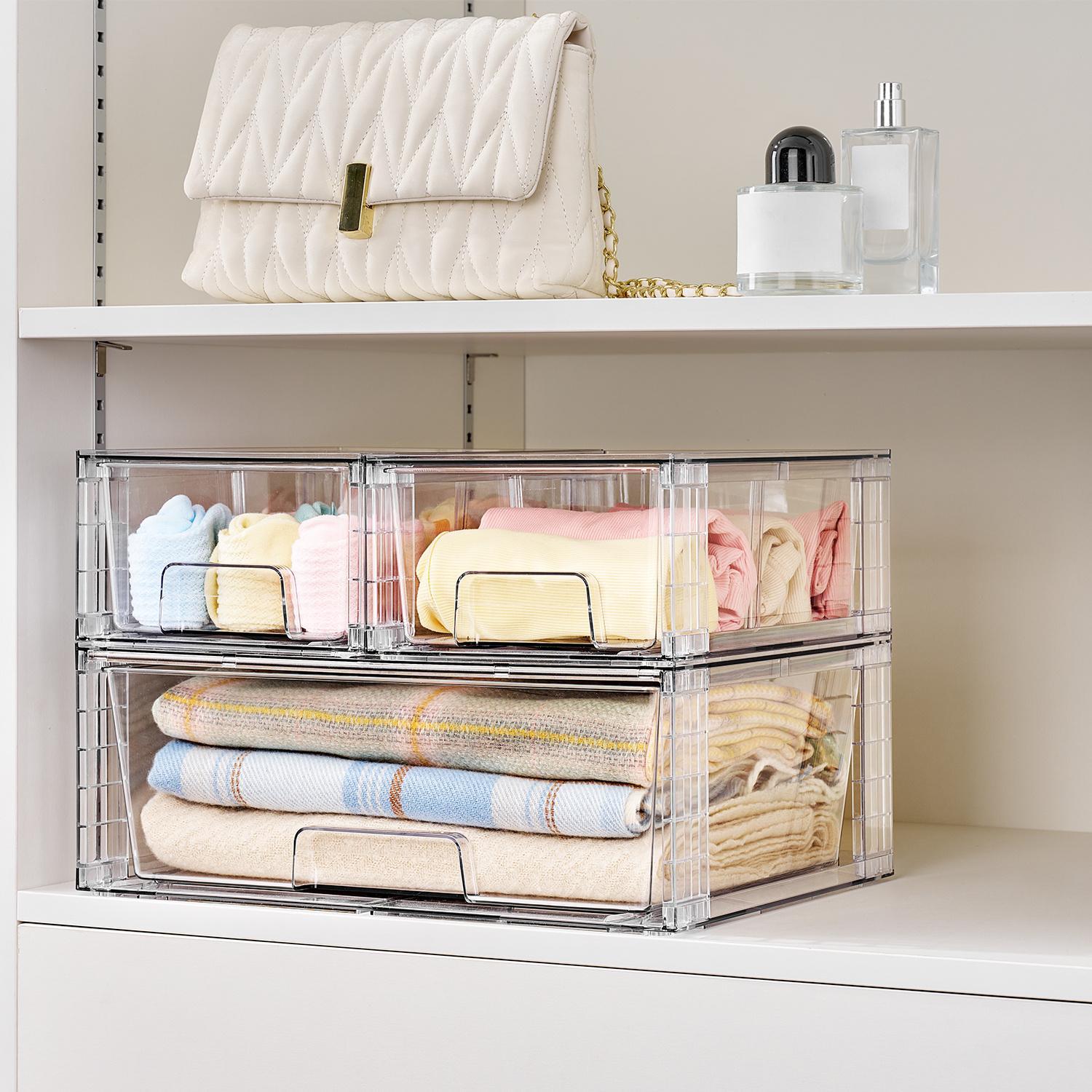 TEMU 3 Pack Storage Boxes For Closet, Easily Assemble Stackable Storage Drawers, Clear Plastic Storage Bins For Closet, Cabinet, Pantry, Medicine