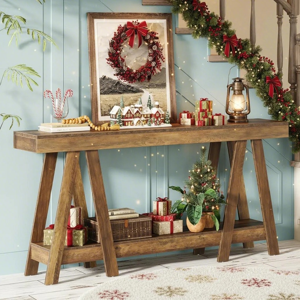70.87 Inch Farmhouse Console Table, 2-tier Entryway Accent Table Behind Sofa For Living Room Holiday Decor