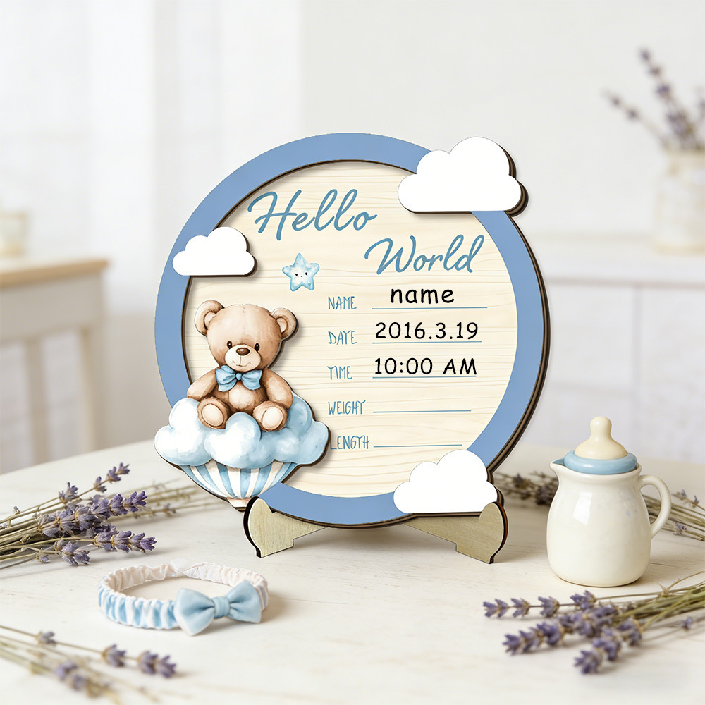 TEMU d'annonce de en bois 2D à impression plate, 1 pièce, "Hello World", avec motif d'ours et de nuage, accessoire photo souvenir pour nouveau-né