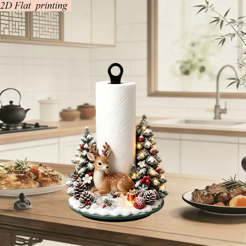 TEMU 2d Flat Printing 1pc Kitchen Paper Towel Holder - Christmas Style Forest Deer Shaped Kitchen Tissue Holder, Fun Desktop Countertop Vertical Roll