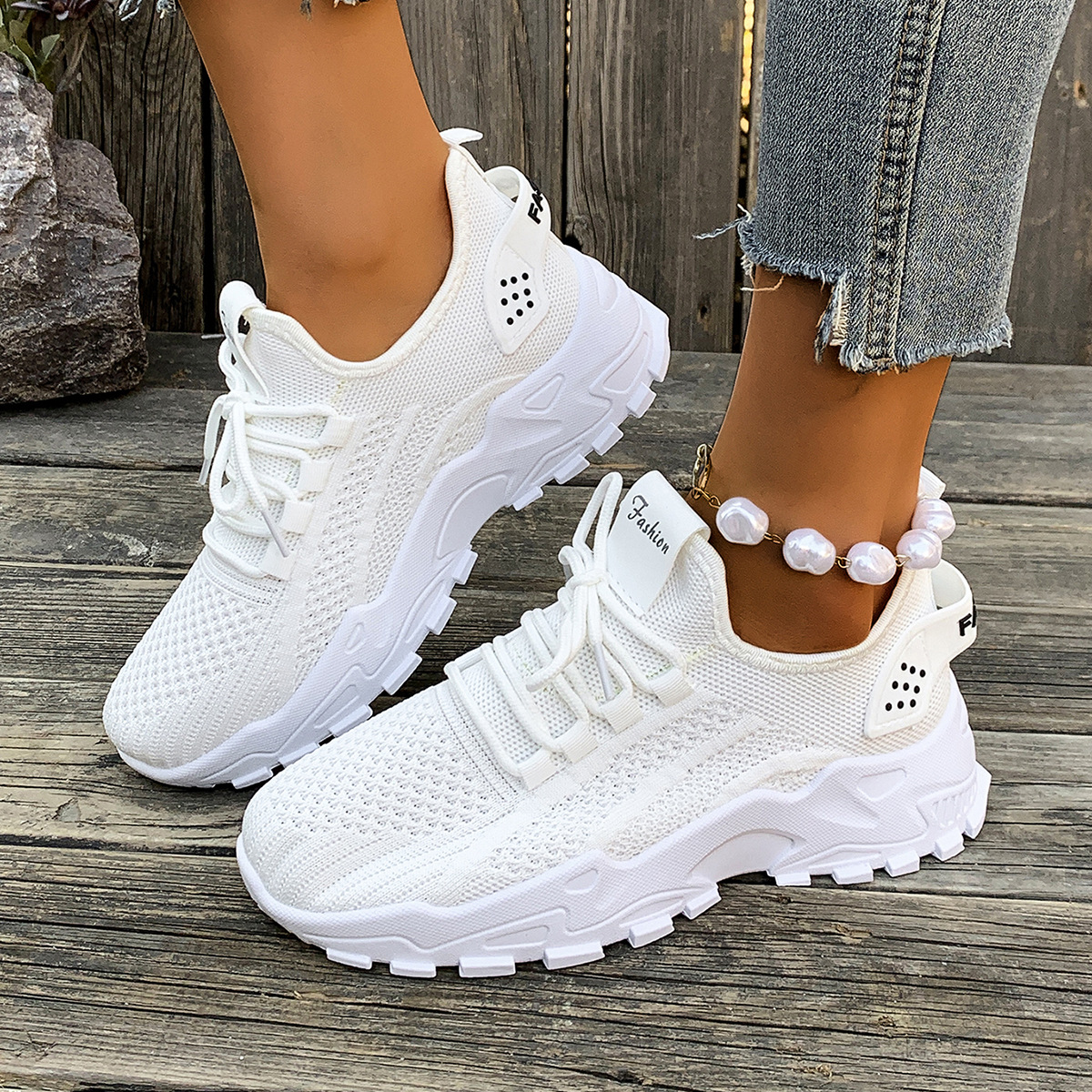 Image of Women's Breathable Knitted Sneakers With Sole - Low-cut Minimalist Round Toe Walking Shoes, Lightweight - Casual Athletic Footwear Suitable For Running, Gym, Casual Attire, White, Women Shoes