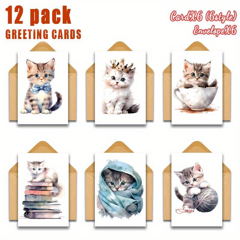 TEMU 12pcs Set With Envelopes Watercolor Kitten Birthday Greeting Cards For Mixed Blank Greeting Cards For