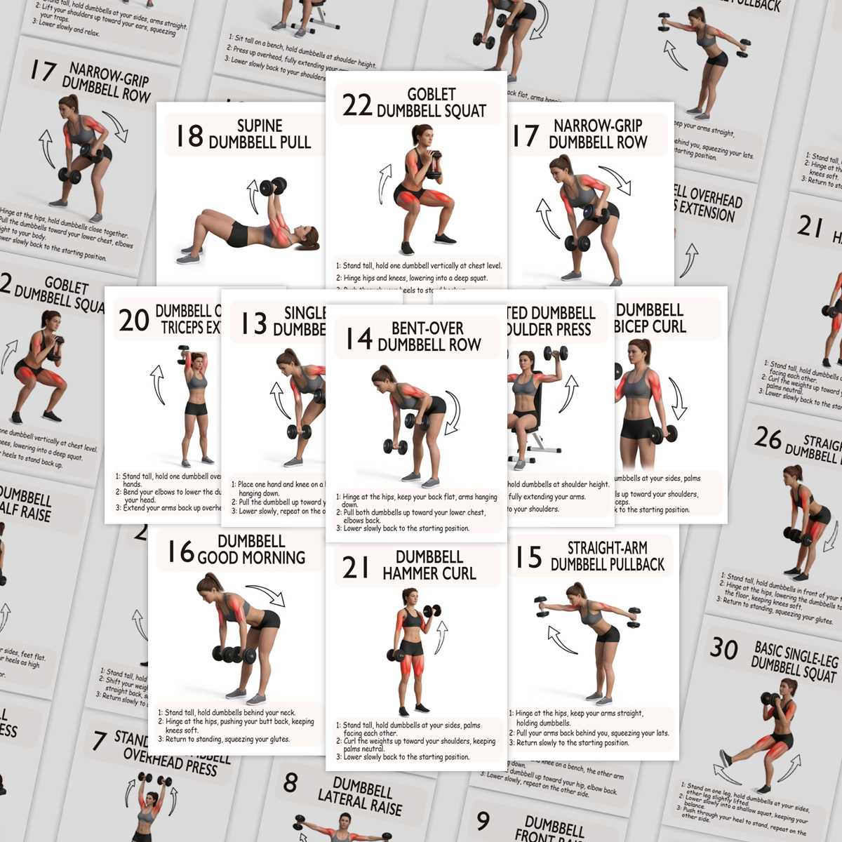 30pcs - Illustrated Dumbbell Training Quick Reference Cards, Women'S Home Gym Portable Training Flashcards, Colorful Fit
