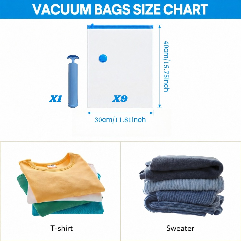 Image of Vacuum Storage Bag Pack Of 10 With Hand Pump, Travel Luggage Space Vacuum Sealed Bag, Vacuum Compression Bag For Clothing, Bedding, Pillows, Quilts And Blankets