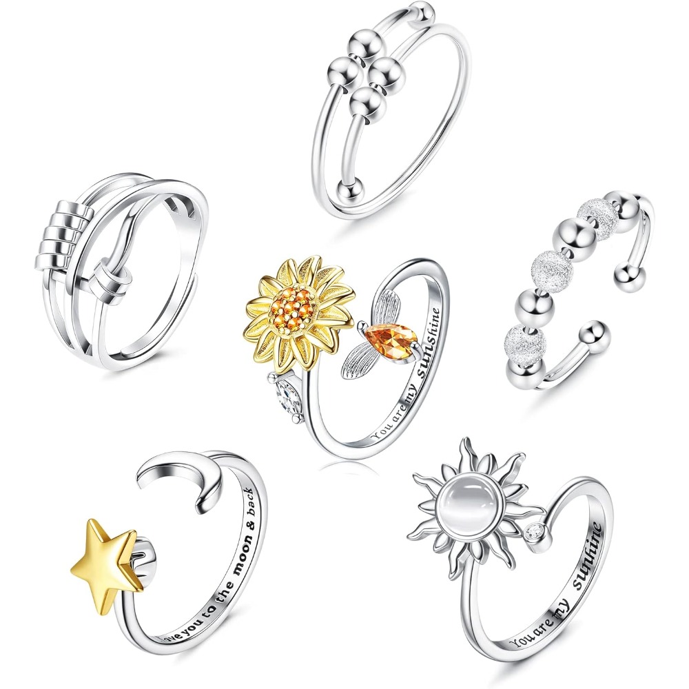 6pcs Pack 6pcs Fidget Rings Adjustable Spinner Rotatable Meditation Jewelry Suitable For &, Multicolor Gadgets, Fidget For, For Teenager