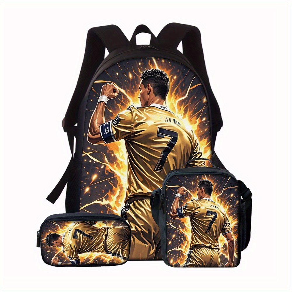 

3pcs Backpack Set For Men And Women, Including Bag, Pencil Case, And Lunch Box. Features A Jersey For , Suitable For Boys And Girls. Cr7 Laptop Backpack With Large Capacity, Daily Commuting.