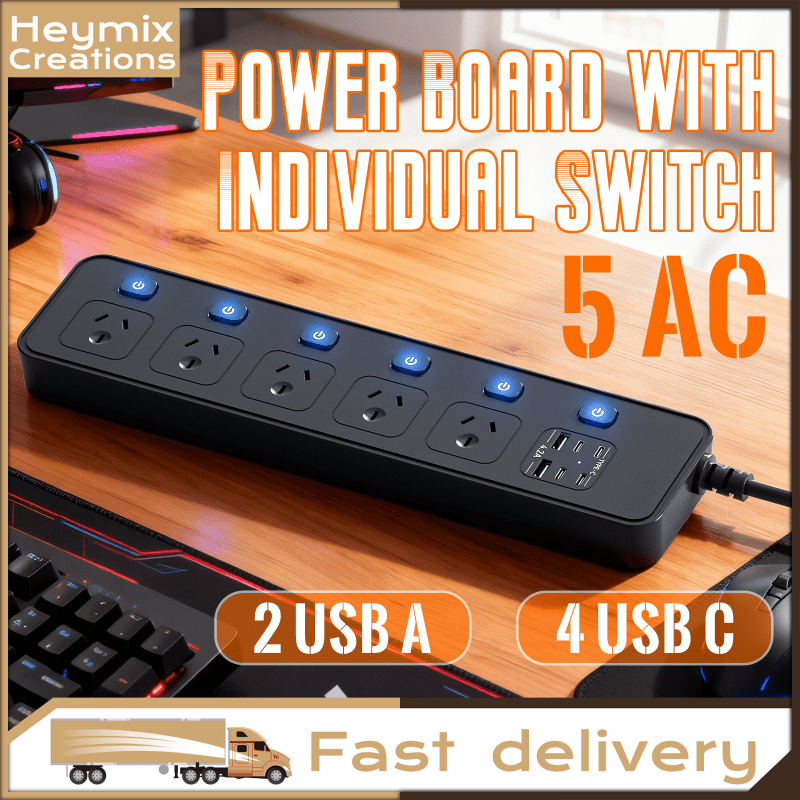 TEMU 3250w Power Board With Individual Switches, 5 Ac Outlets, 2 Usb-a & 4 Usb-c Ports, 1.6m Extension Cord And Protection For