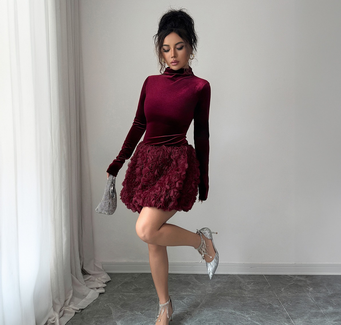 red velvet casual dress Velvet Dress: Elegant Red Velvet Midi Gown, Long Sleeve Holiday Party Dress  With Pockets, Christmas, Date Nights & Special Occasions, Party