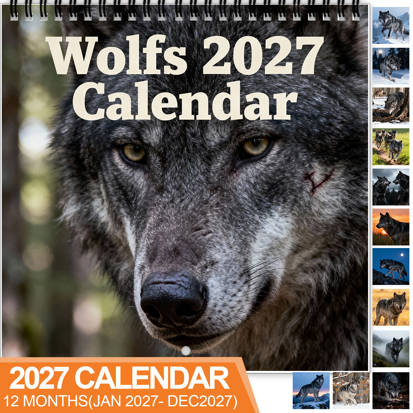 TEMU 1pc 2027 Wolves Wall Calendar, Spiral-bound 12-month Calendar Featuring Powerful Gray Wolves, Snowy Forests, Running Packs, , Winter Trails, And