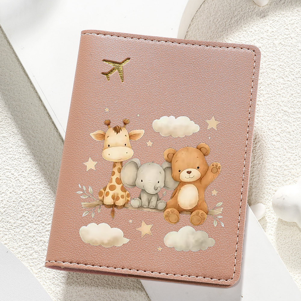 TEMU 1pc Cartoon Print Passport Holder - Cute Giraffe, Elephant, And Teddy Bear With Stars And Clouds Travel Organizer Clip - Birthday Gift For Wife,